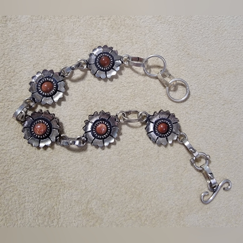 Handmade 925 Sterling Silver 8" Sunstone Flower Gemstone Bracelet
